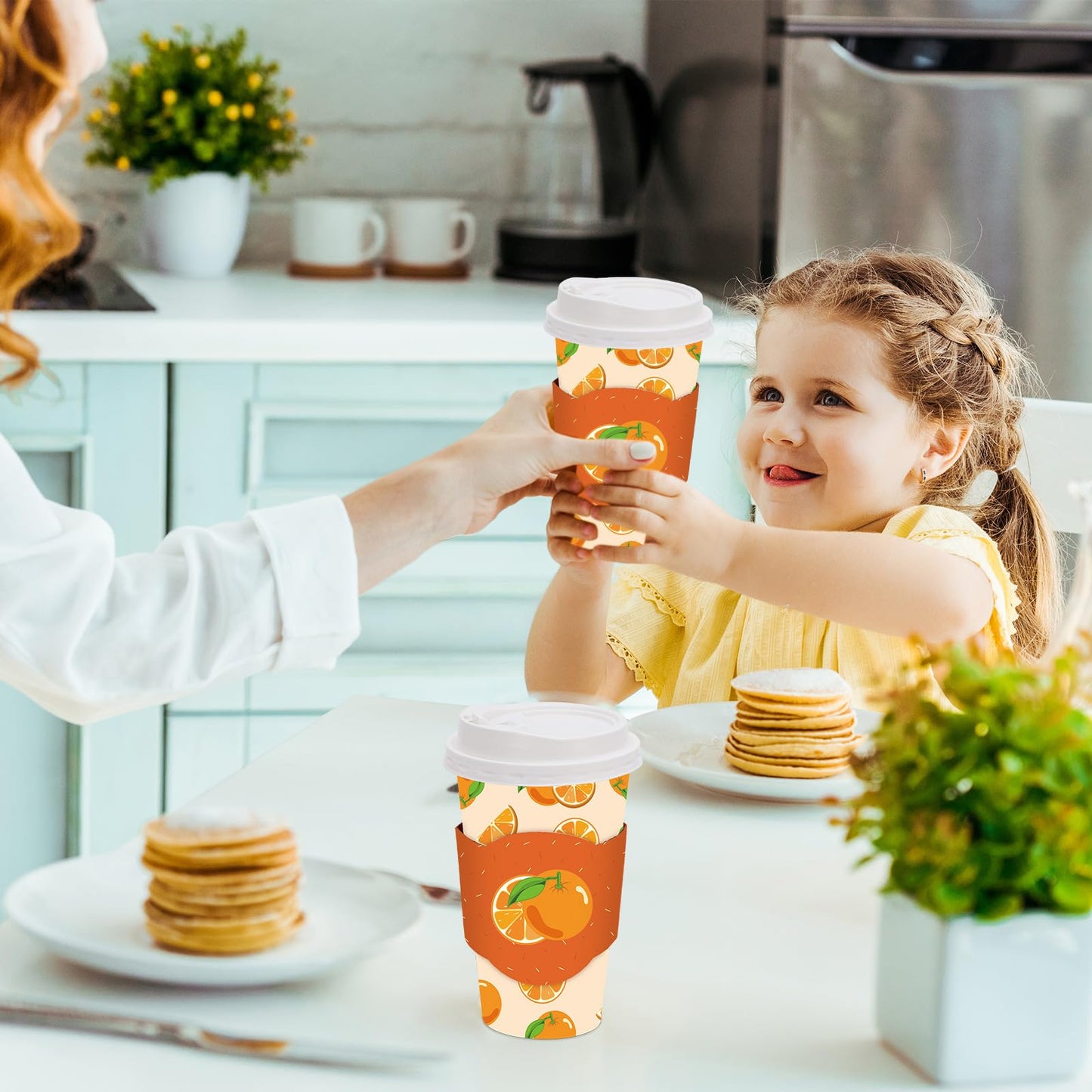JarThenaAMCS 48 Set Little Cutie Disposable Coffee Cups with Lids and Sleeves Orange Paper Cups Cute Drinking Cup for Baby Shower Birthday Party Supplies