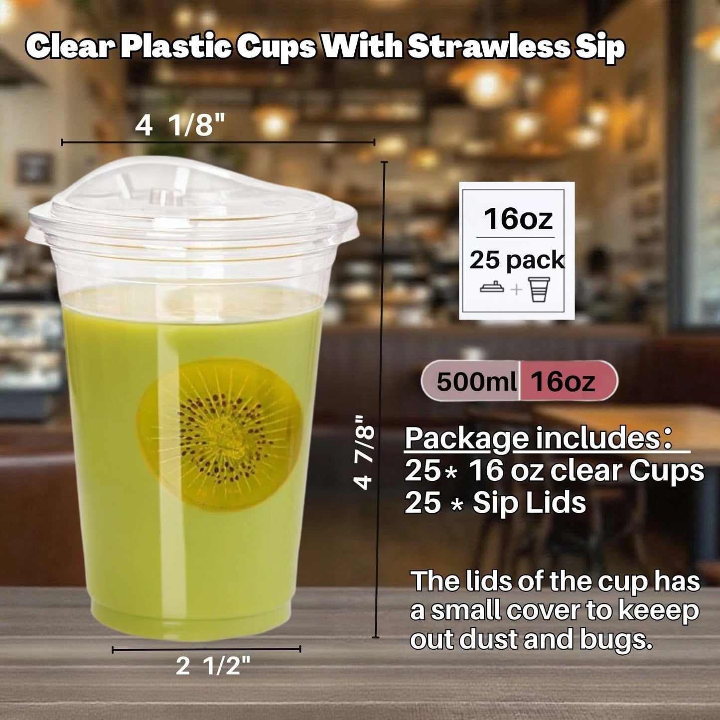 Skiennix 16 oz Clear Plastic Cups - Disposable Strawless Sip Lids for Iced Coffee, Smoothies & Juices