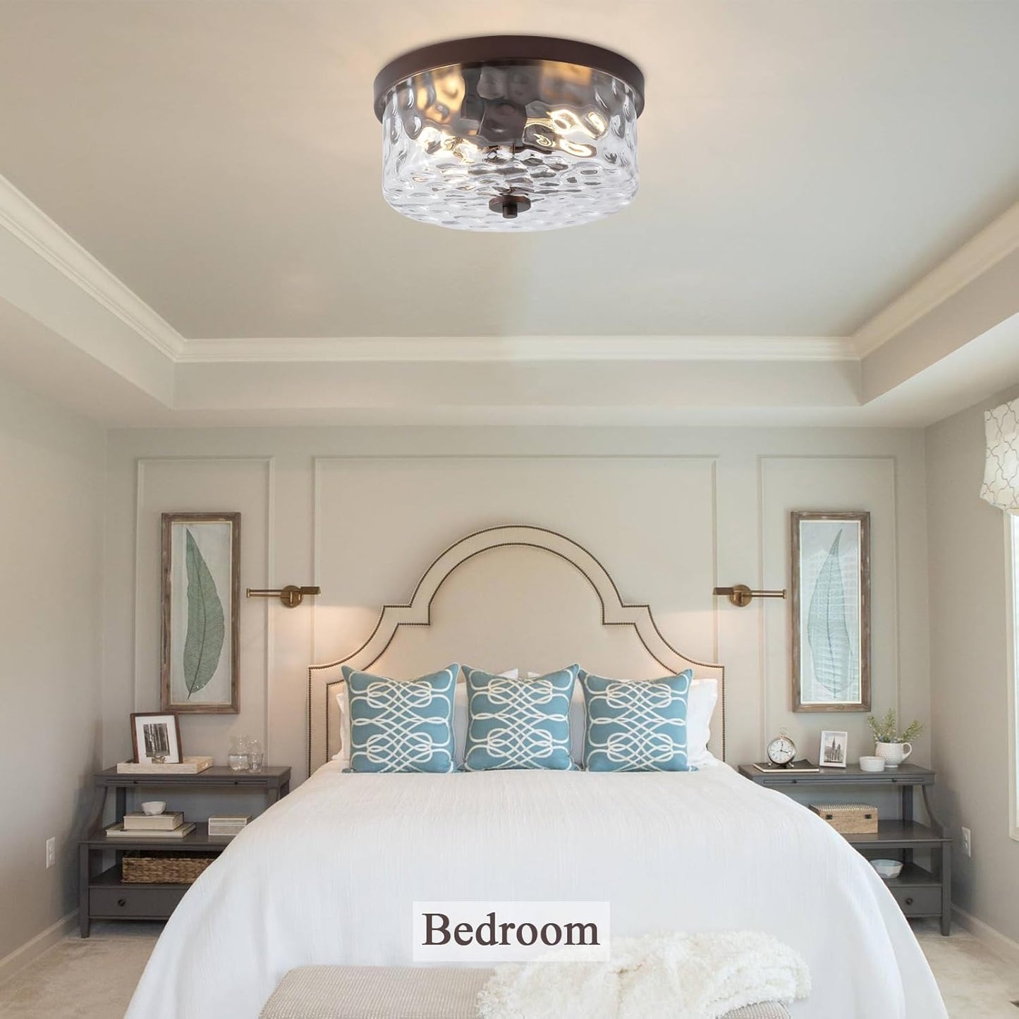 Hammered Glass Brushed Nickel Flush Mount Ceiling Light,2-Lights Modern Farmhouse Ceiling Lighting Fixture for Kitchen Hallway Bedroom,Indoor Antique Foyer Light
