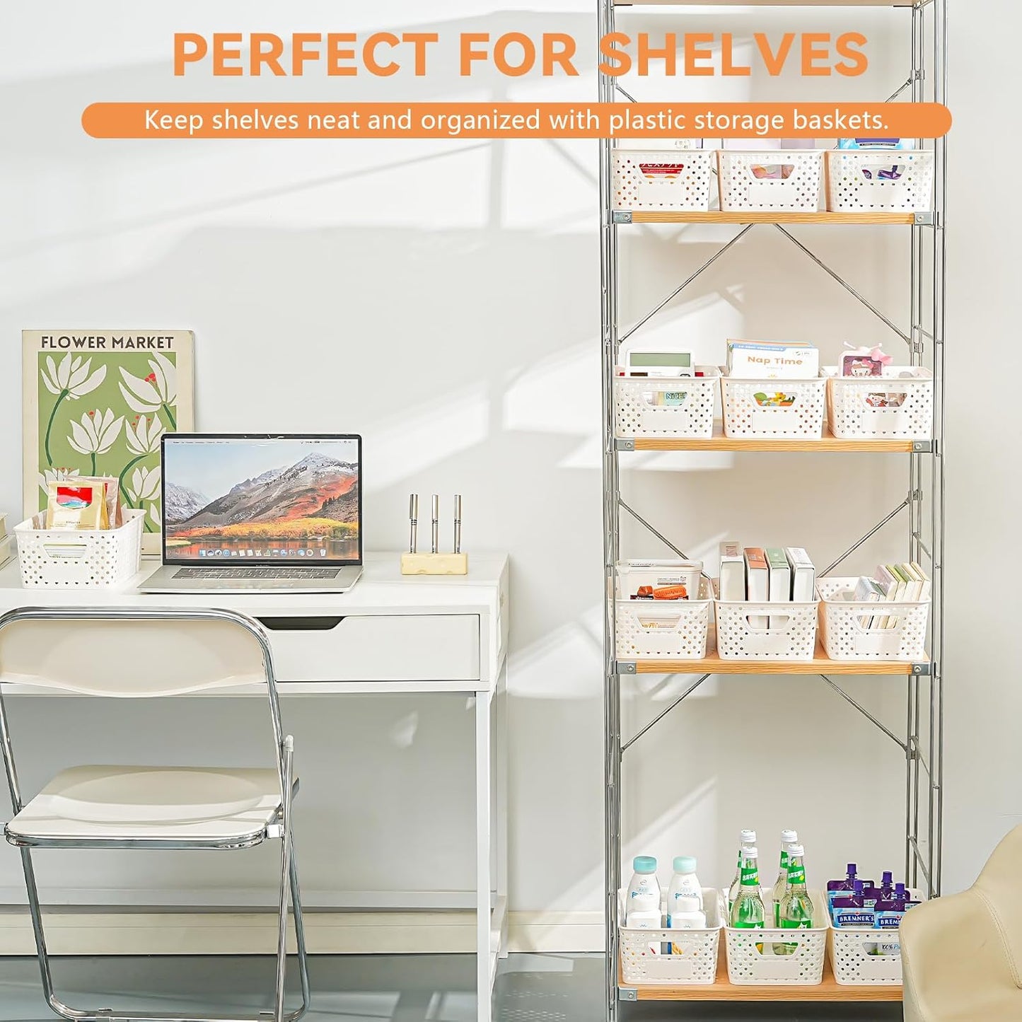 12 Pack Plastic Storage Baskets by [Brand Name] - Versatile Organizers with Handles & Labels for Cabinets, Closets, and Offices