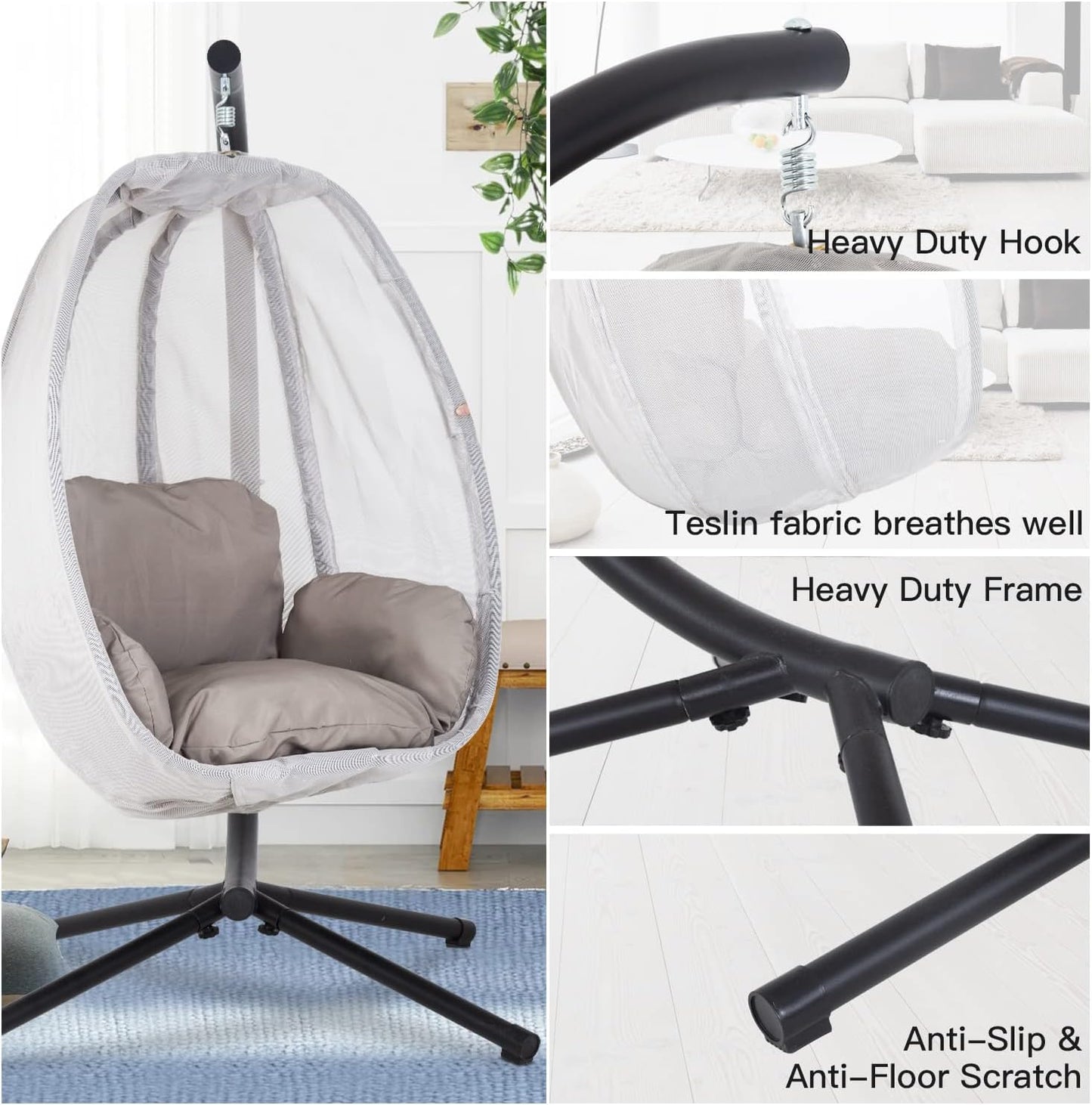 Skiennix Swing Egg Chair - Comfortable Hammock Chair with Metal Stand & Cushion - Gray, 400LBS Capacity