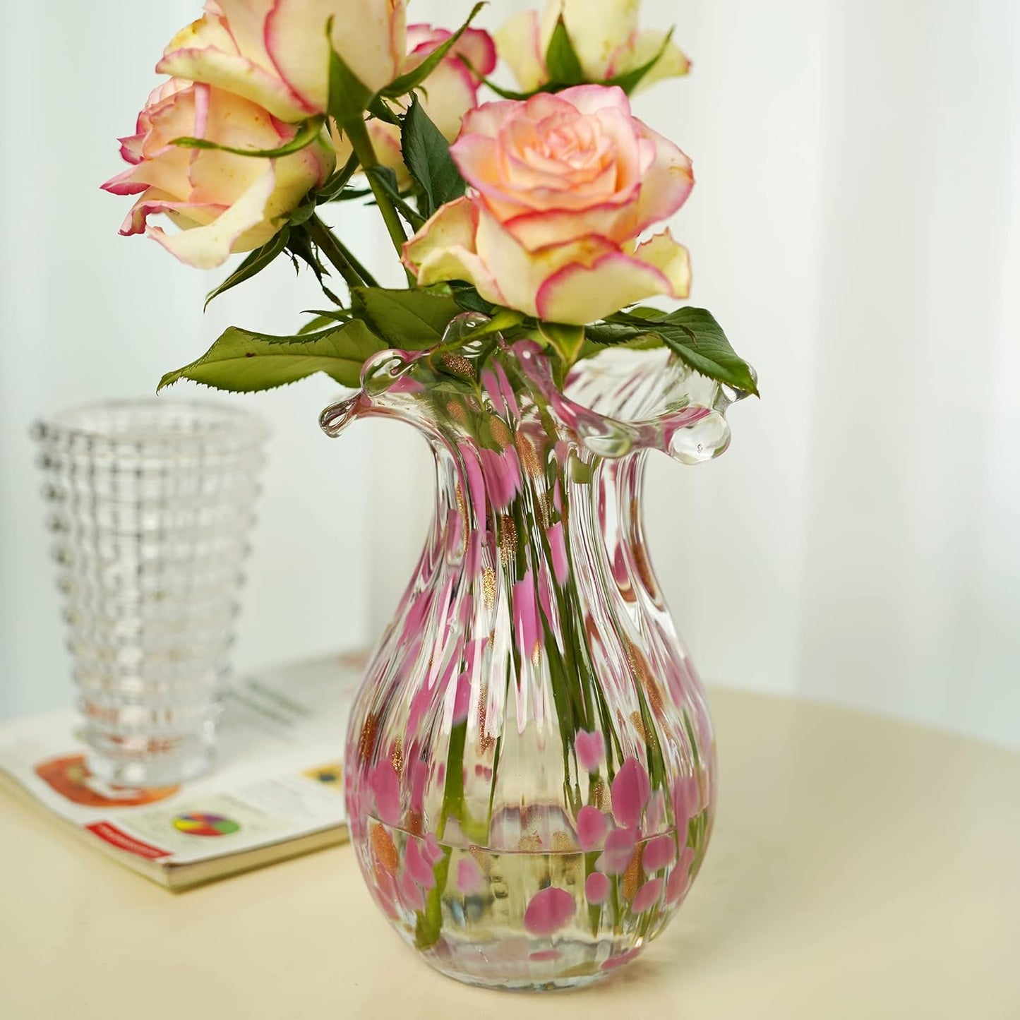 QFkris Handblown Glass Vase - Modern Pink Petal Design | 8.5 Inch Tall Home Decor Centerpiece