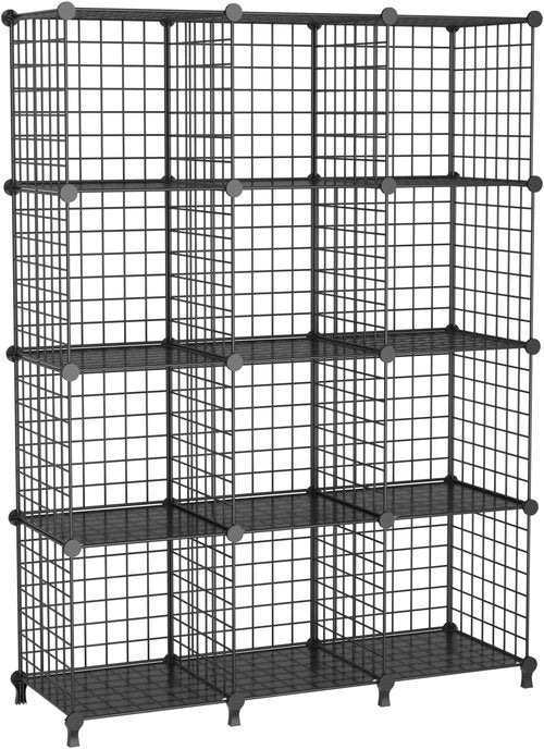 ATTJL12B - 12-Cube Storage Organizer | Metal Wire Shelving Unit for Modular Grid Bookshelf - Black, 11.8" L x 11.8" W x 11.8" H