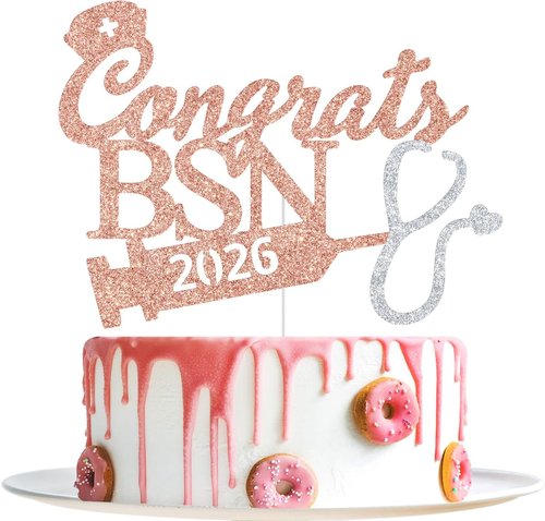 BSN Graduation Cake Topper - 2026 Nurse RN Medical School Party Decoration | Rose Gold Glitter