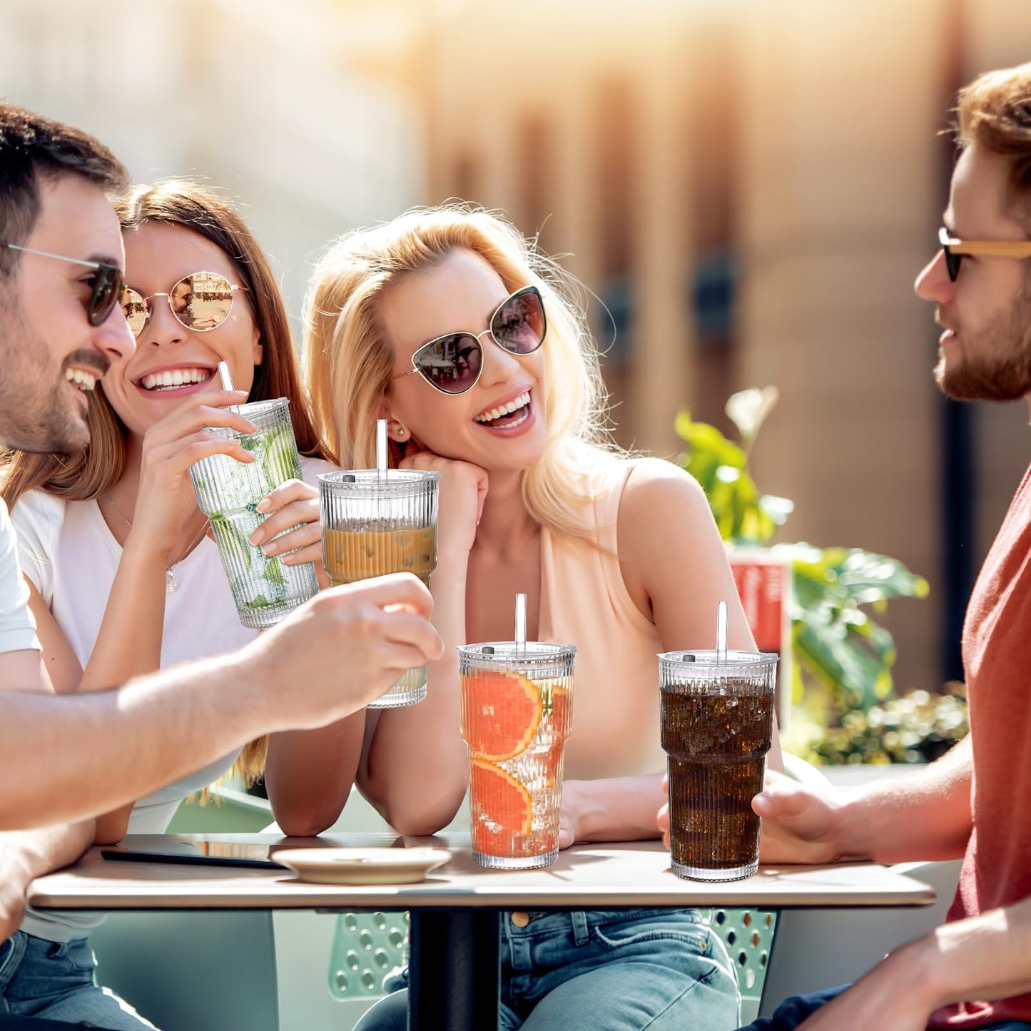 AUFXKOO 20oz Ribbed Glass Cups with Lids and Straws,1PCS Glass Tumbler with Straw and Lid,Iced Coffee Cups Drinking Glasses for Juice Whiskey Cocktail Beer