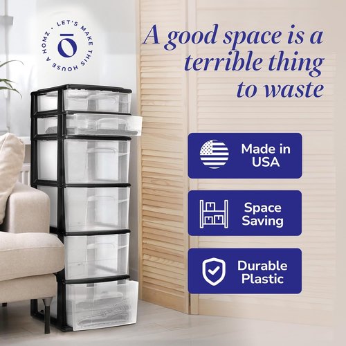 HOMZ 6-Tier Clear Plastic Drawer Tower - Heavy-Duty Storage Organizer Cart for Home & Closet