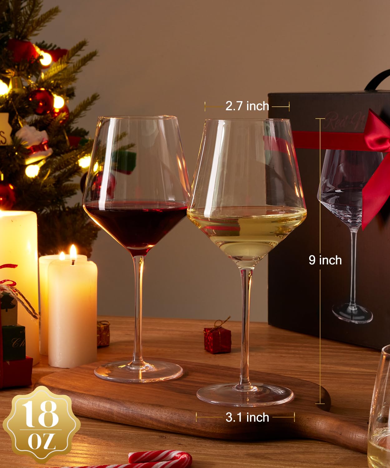 Potdoctor Red Wine Glasses Set of 4-18oz,White Crystal Hand Blown Wine Glass with Long Stem, Ultra-thin for Wine Tasting, Ideal for Anniversary, Birthday, Party