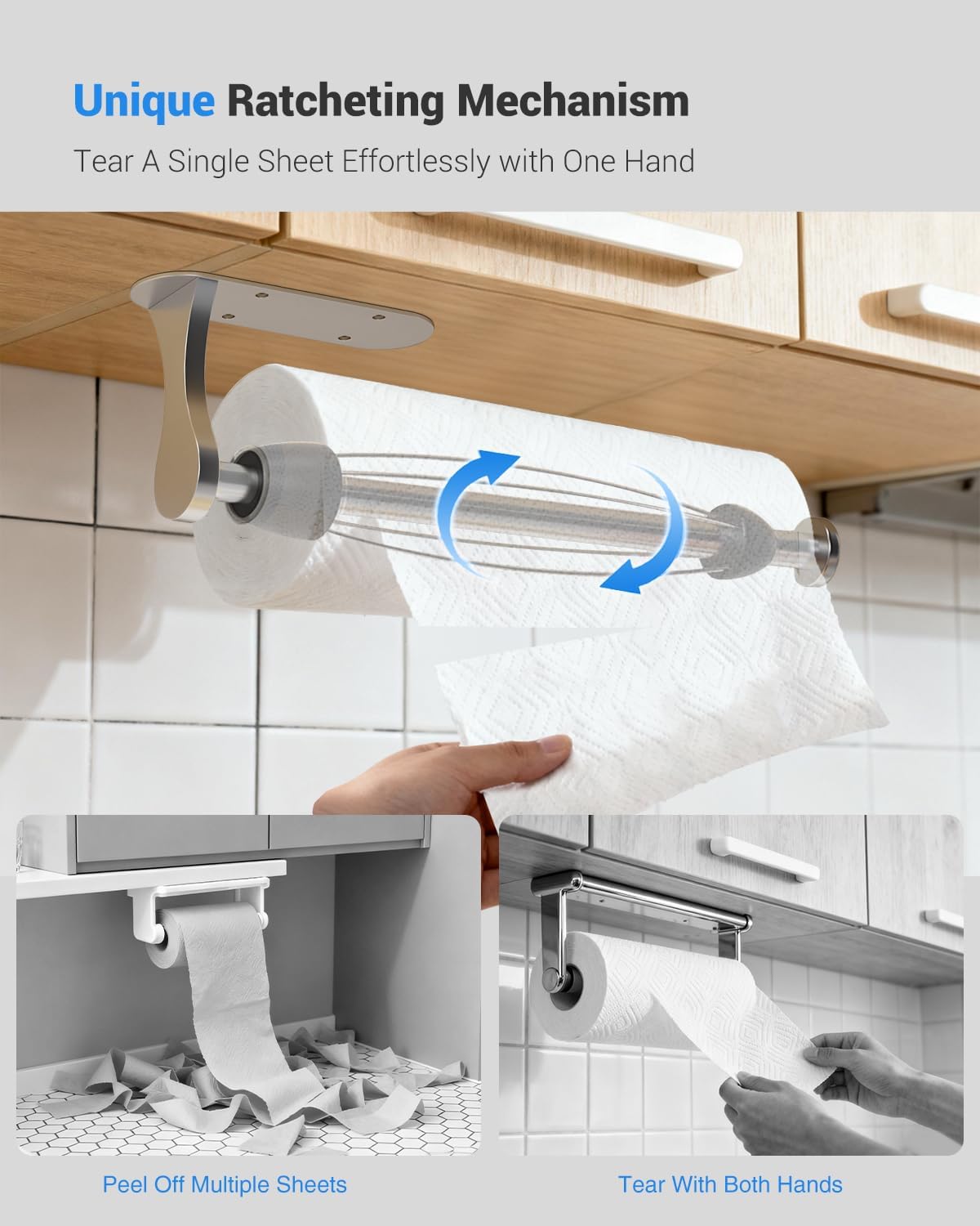 Skiennix Paper Towel Holder - One-Handed Tear Wall Mount | Adhesive Silver Design for Kitchen & Bathroom