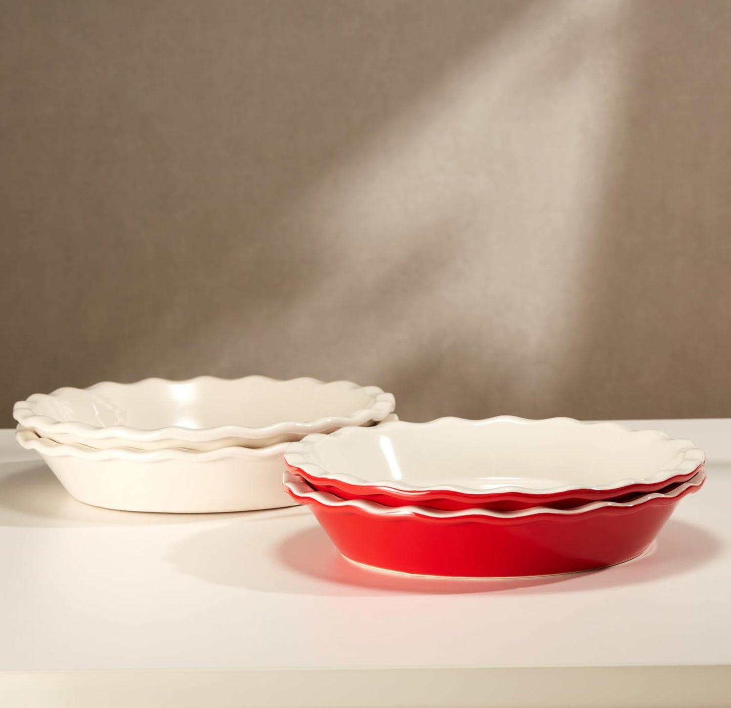 KooK Ceramic Pie Pan Set - 9-Inch Reusable Round Baking Dish with Wave Edge | Microwave & Oven Safe, Cherry