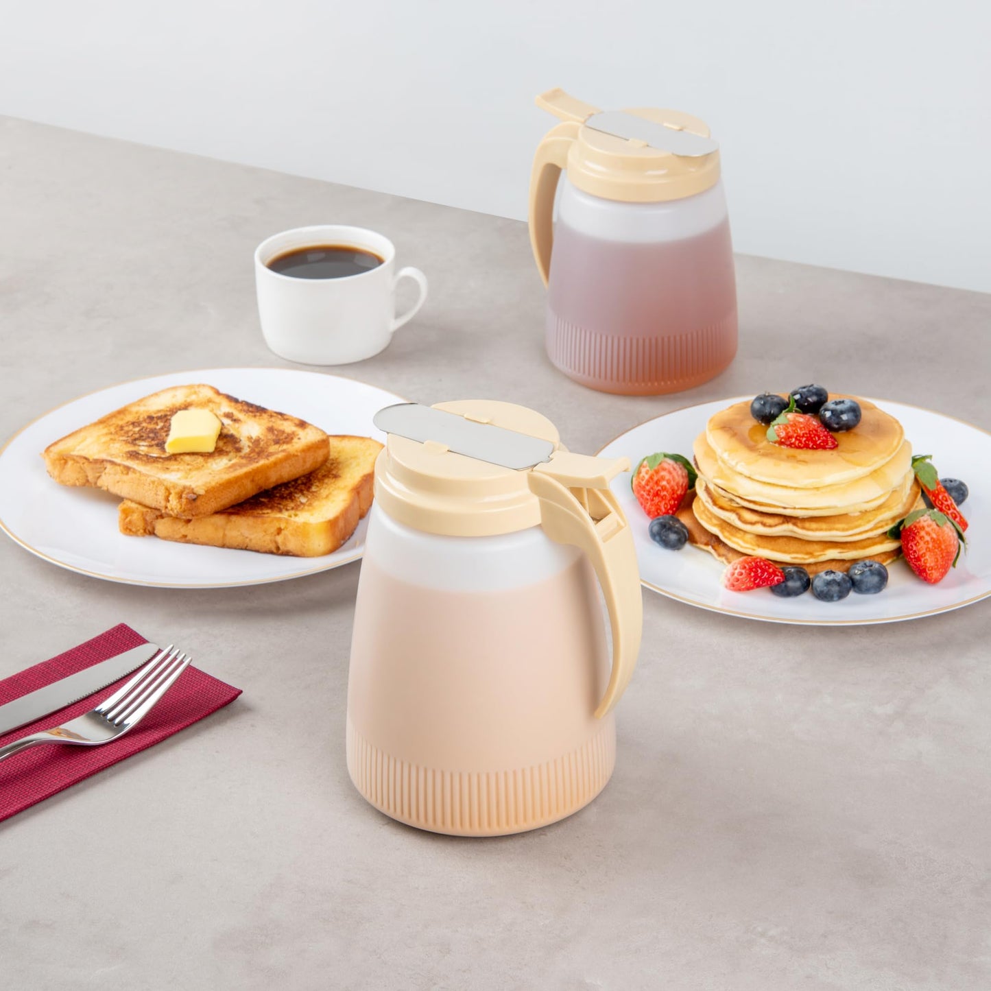 Restaurantware-Chef 101 48 Ounce All Purpose Syrup Dispenser, 1 Honey Dispenser - Beige Top, Stainless Steel Slide Cover, Plastic Pancake Syrup Bottle, Perfect For Diners, Restaurants, Home