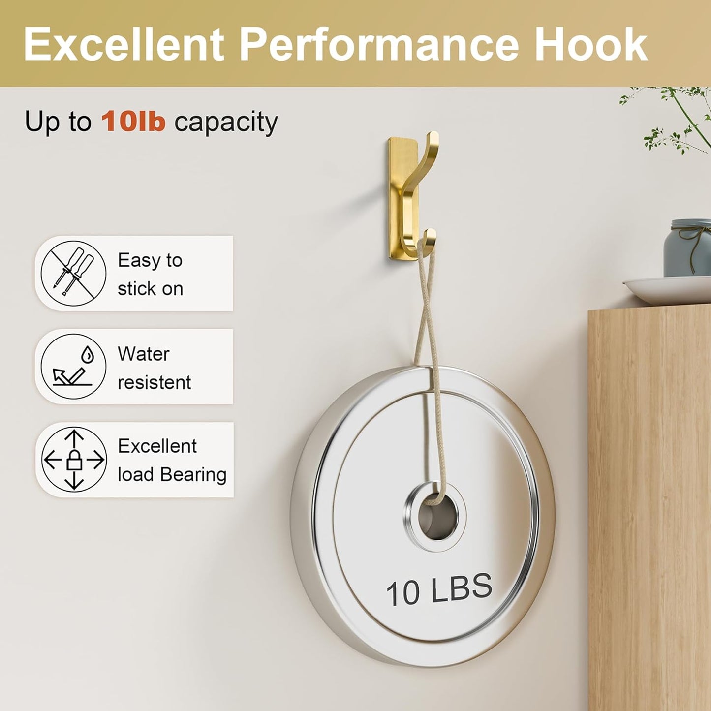 Pickpiff Adhesive Wall Coat Hooks - Heavy Duty Metal Stick-On Hangers for Towels, Bags & Clothes - Gold, 6 Pack