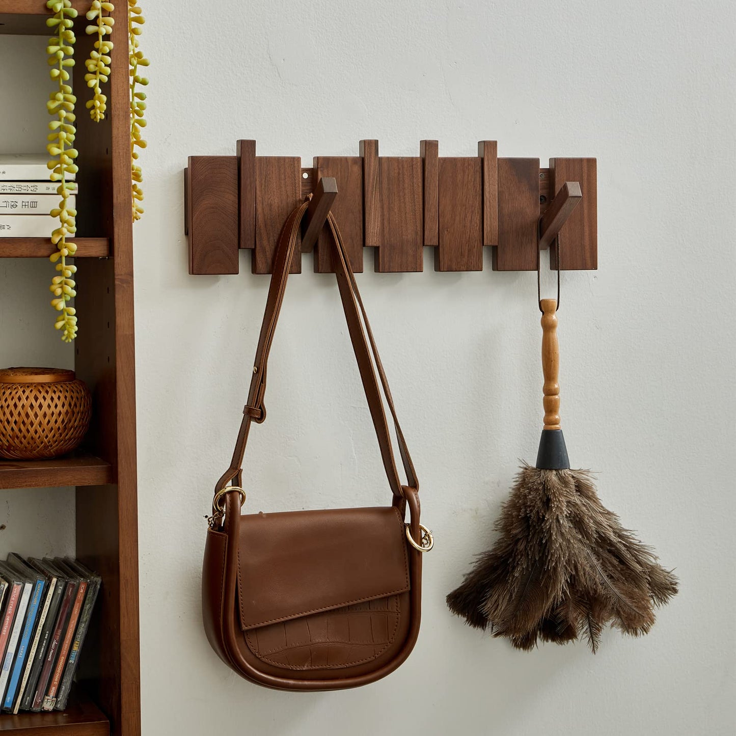 ESDOPA Wood Wall Mounted Coat Rack, Flip Down Wall-Mount Hook Racks with 6 Hooks, Entryway Hanger Art Hook for Hanging Coats Keys Hats Towels Bags, Walnut
