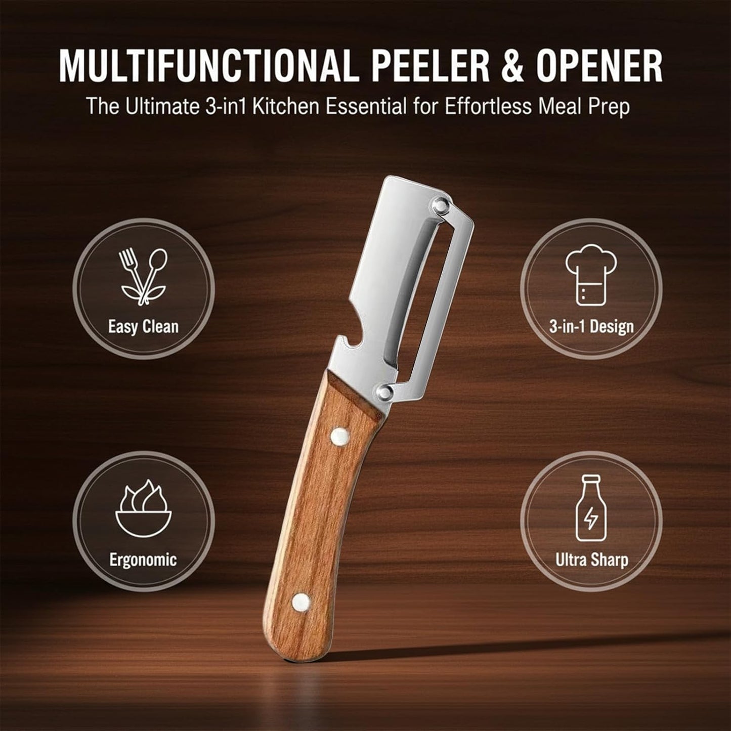 Sakerplus 2-in-1 Vegetable Peeler - Multifunctional Potato Peeler with Wooden Handle & Stainless Steel Blade