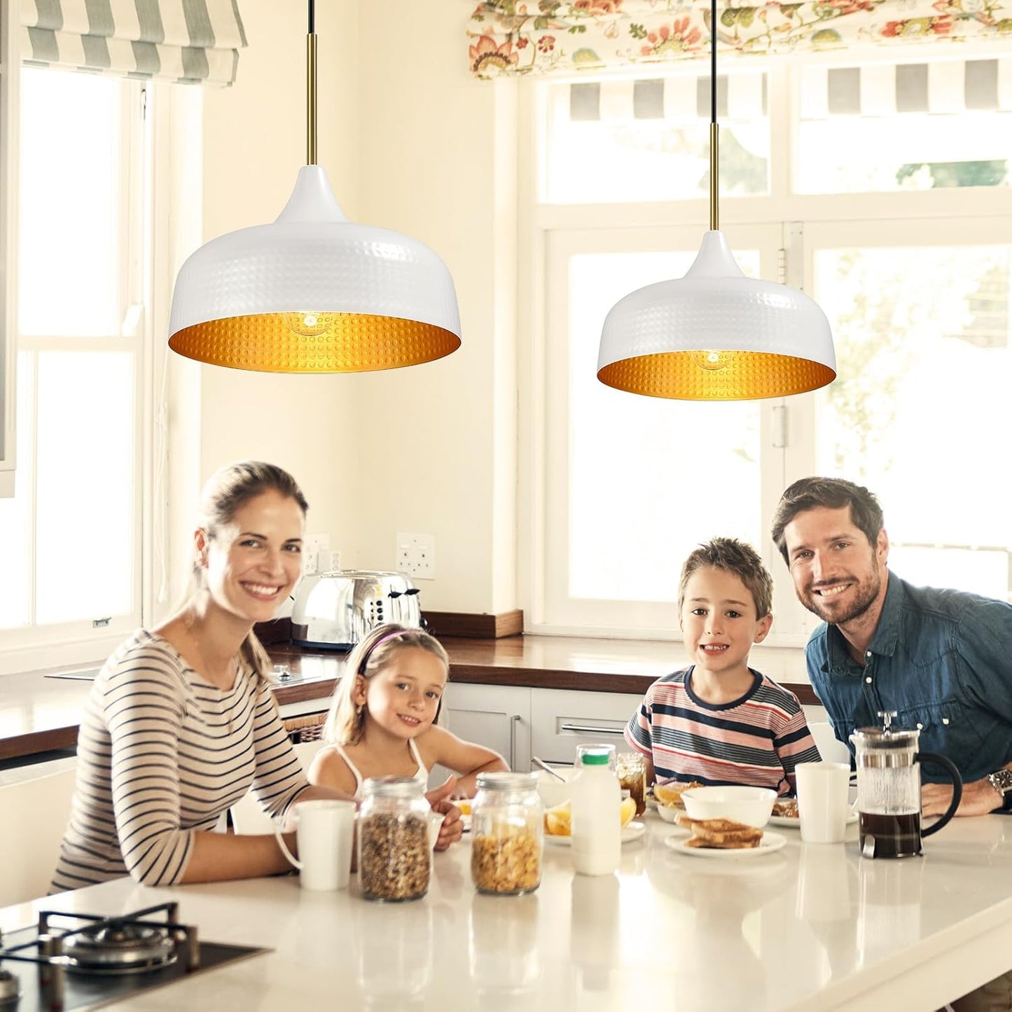 12" Hammered Metal Pendant Light, Farmhouse Pendant Light Fixtures, Hanging Light Fixture for Kitchen Island, Dining Room, Sink, Hallway, White