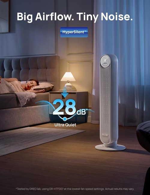DREO Tower Fan - Quiet Bladeless Indoor Fan with 90° Oscillation, 4 Speeds & 8-Hour Timer - White (DR-HTF007)