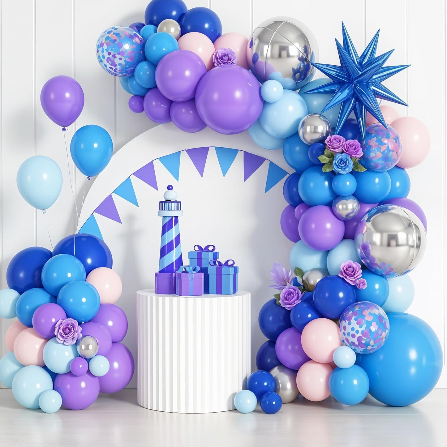 Blue Purple Silver Balloon Arch Garland Kit with Blue Star Foil Balloons Silver 4D Round Balloons for Hawaii Theme Baby Shower Birthday Party Decorations