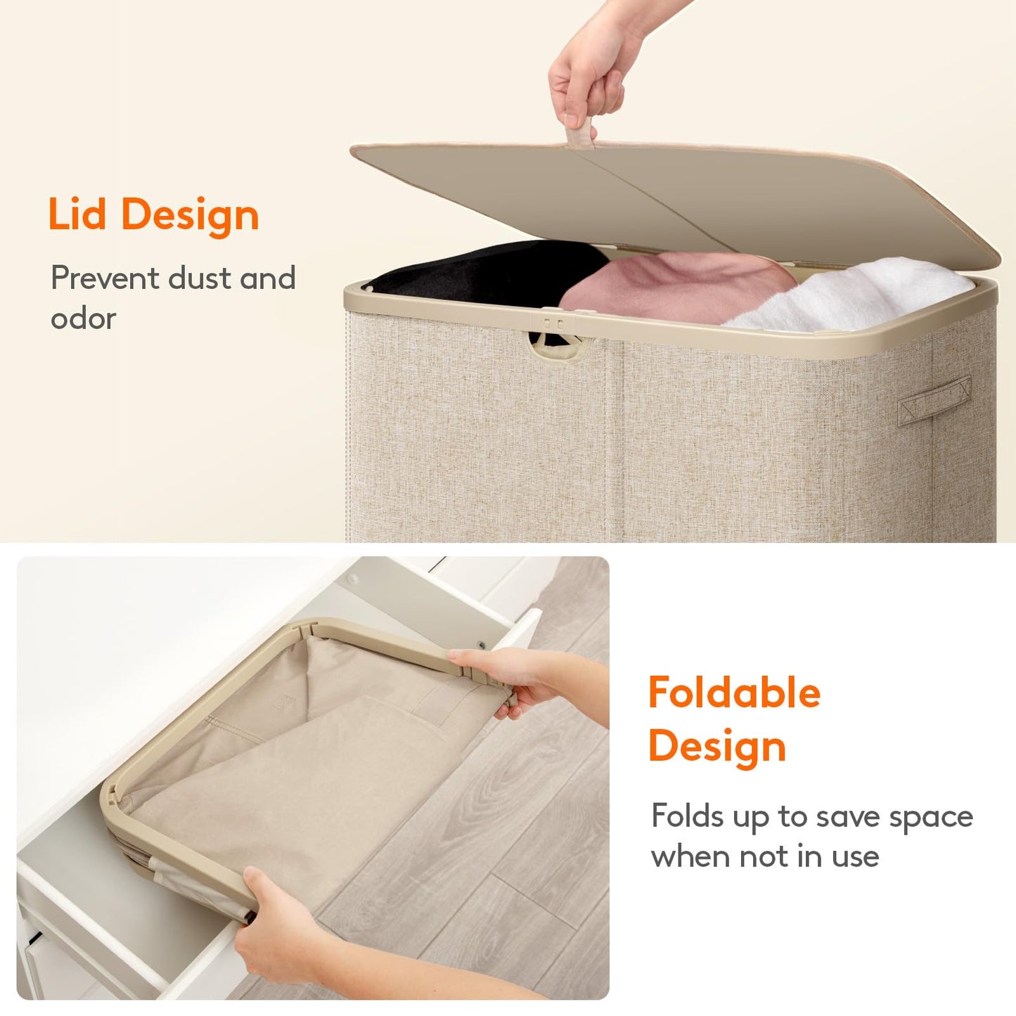 Lifewit 185L Large 3 Section Laundry Hamper with Lid, Plastic Laundry Basket with Bamboo Handles and Removable Bags, Tall Foldable Clothes Hamper for Bathroom Bedroom, Beige