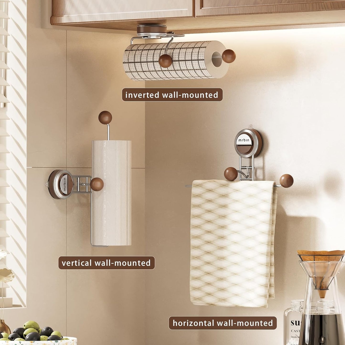 Skiennix Kitchen Paper Towel Holder - Suction Cup Design, Stainless Steel & Wood, No Drill, Large Size