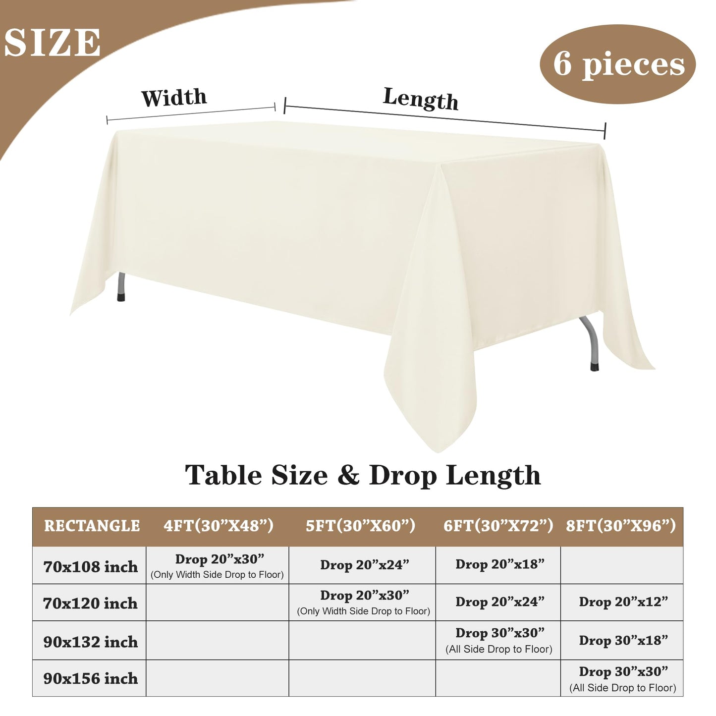 Fitable Elegant Rectangle Table Clothes, 6 Pack - 90 x 132 Inch, Ivory - Reusable and Washable Tablecloths, Polyester Fabric Table Covers for Wedding, Party, Banquet, Formal Events