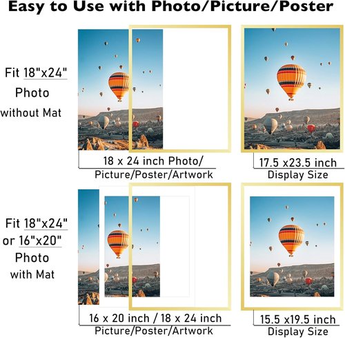 JCJMY 18x24 Picture Frame - Elegant Gold Design with 16x20 Mat for Wall Display