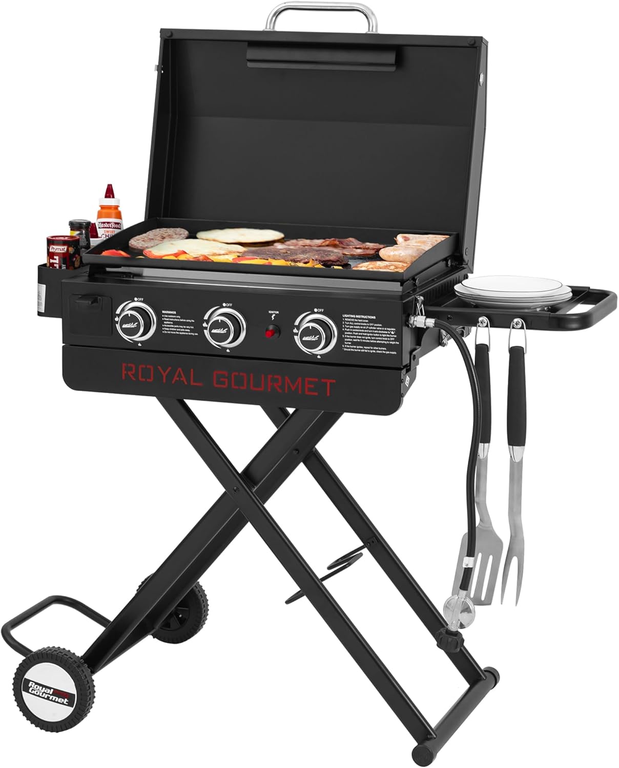 Royal Gourmet PD3001 3-Burner Propane Gas Griddle - 23-Inch Portable Grill with Collapsible Stand & Side Table for Camping, Tailgating, Backyard & Patio