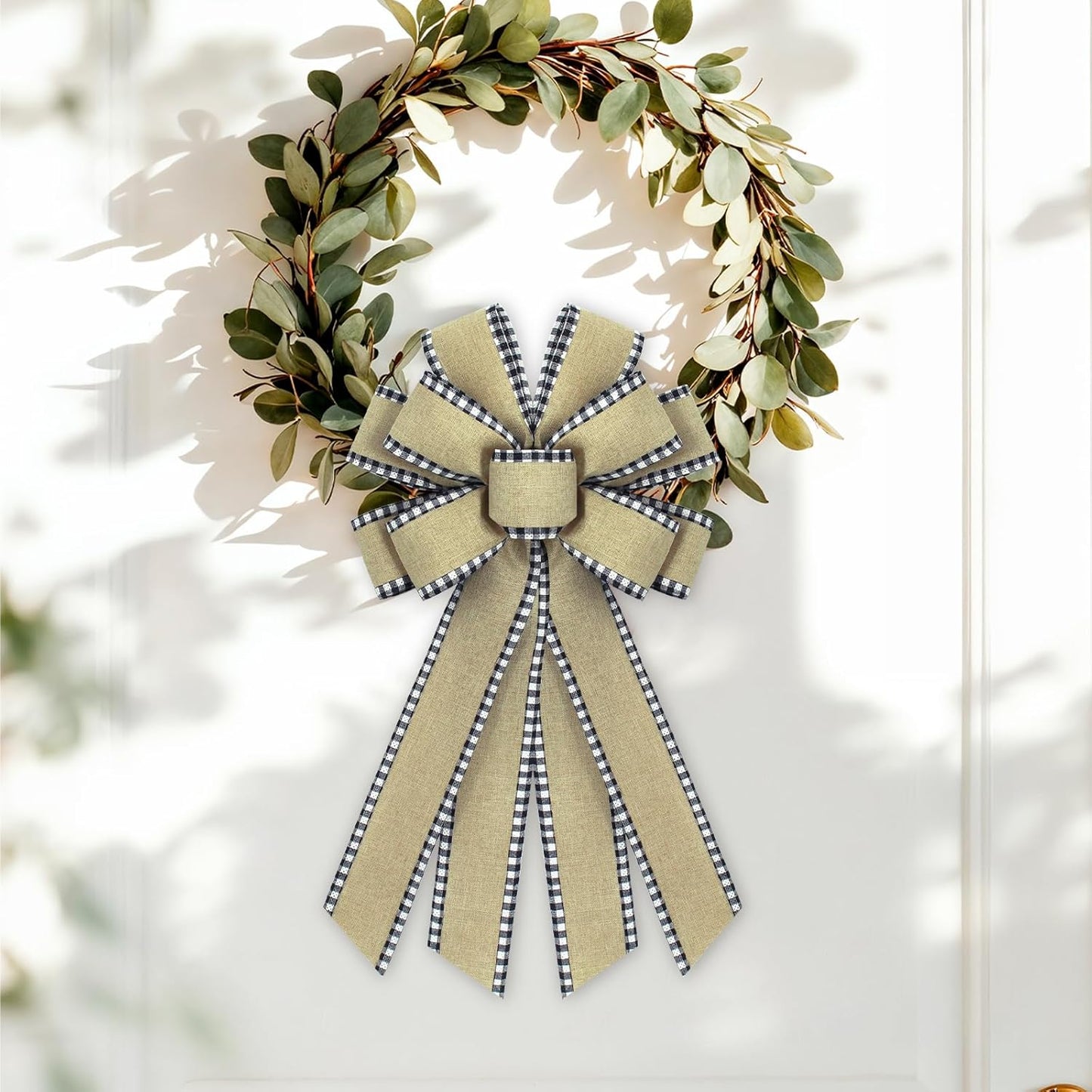 Regine Switzerland Natural Burlap Wreath Bow - Buffalo Plaid Edge for Wedding & Home Decor
