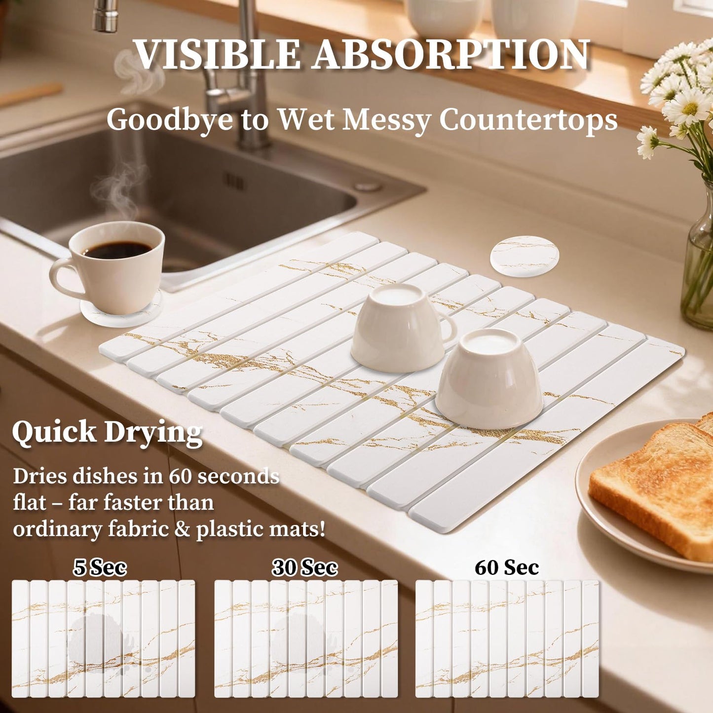 3 PCS Large Stone Dish Drying Mat for Kitchen Counter - Quick Dry Diatomaceous Earth Mat with 2 Coasters, Ultra Absorbent Stone Drying Pad for Dishes & Cups, Heat Resistant, Gold Marble