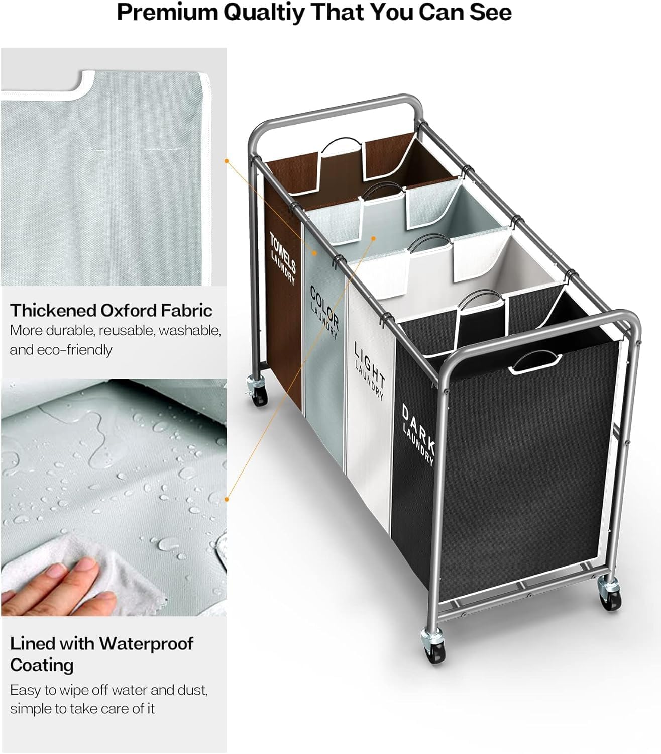 ROMOON Laundry Hamper Sorter Cart - 4-Section Organizer with Lockable Wheels | 180L Rolling Basket for Small Spaces
