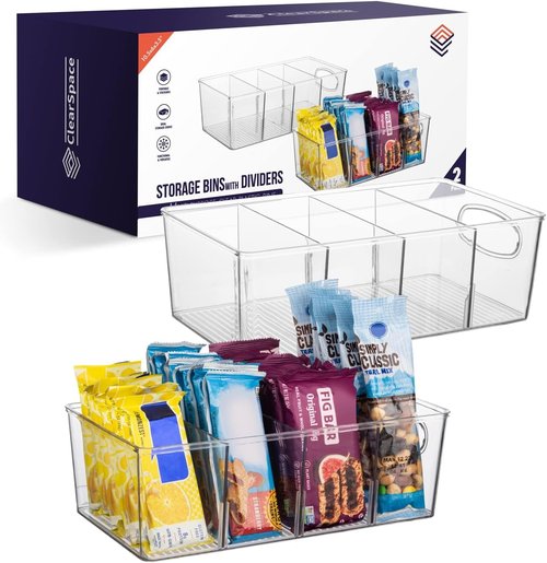 ClearSpace Plastic Pantry Organization Bins - Removable Dividers for Kitchen Storage | 2 Pack