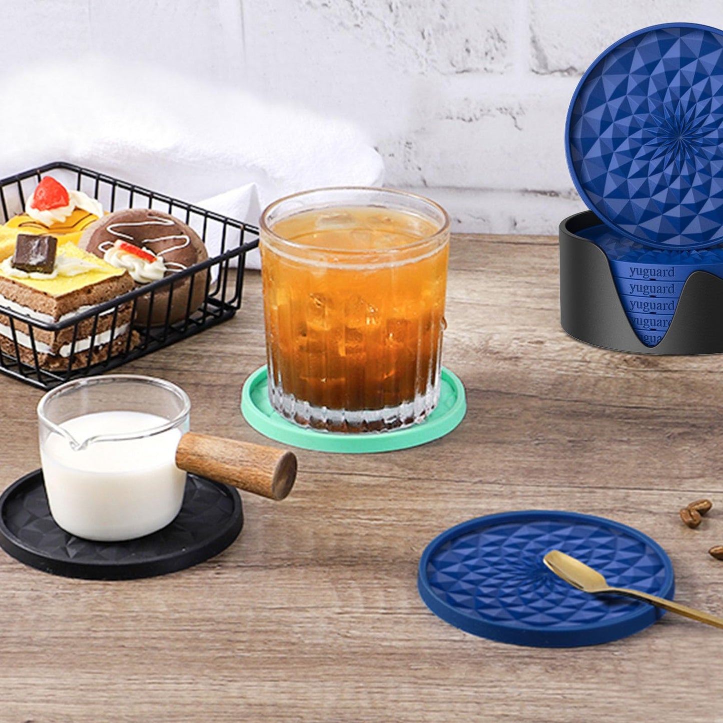 YUGUARD Silicone Coasters [6 Pack] with Holders Drink Coasters, Table Cup Mat, for Hot or Cold Drinks Thickened, Non-Slip, Non-Stick, Deep Tray Black
