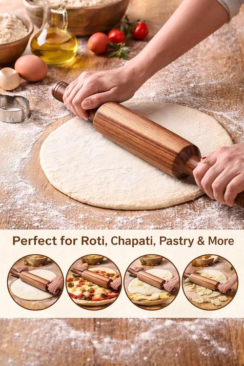 Hardwood Rolling Pin 12 Inch - Wooden Dough Roller with Easy Grip Handles | Ideal for Roti, Chapati, Pastry & Pizza