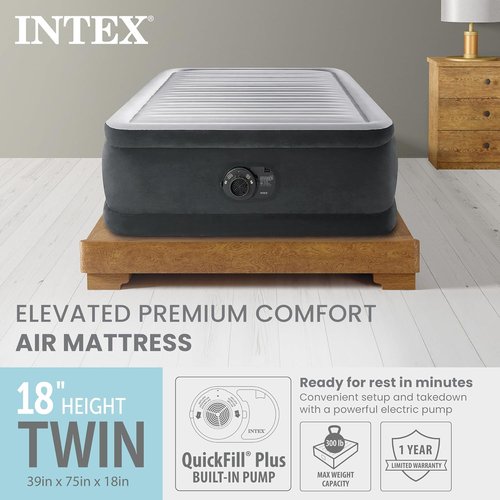 Intex Twin Size Air Mattress - 18in Height, Built-in Pump, Dura-Beam Deluxe Comfort | Portable Inflatable Bed for Travel & Guests