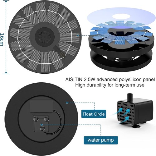 AISITIN Solar Bird Bath Fountain Pump - 2.5W Solar Powered with 6 Nozzles | Ideal for Gardens, Ponds, and Aquariums