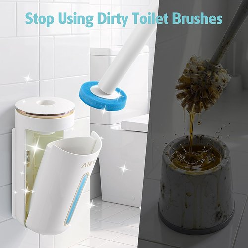 AIR U+ Disposable Toilet Brush - Complete Cleaning System with 24 Wand Refills & Storage Caddy