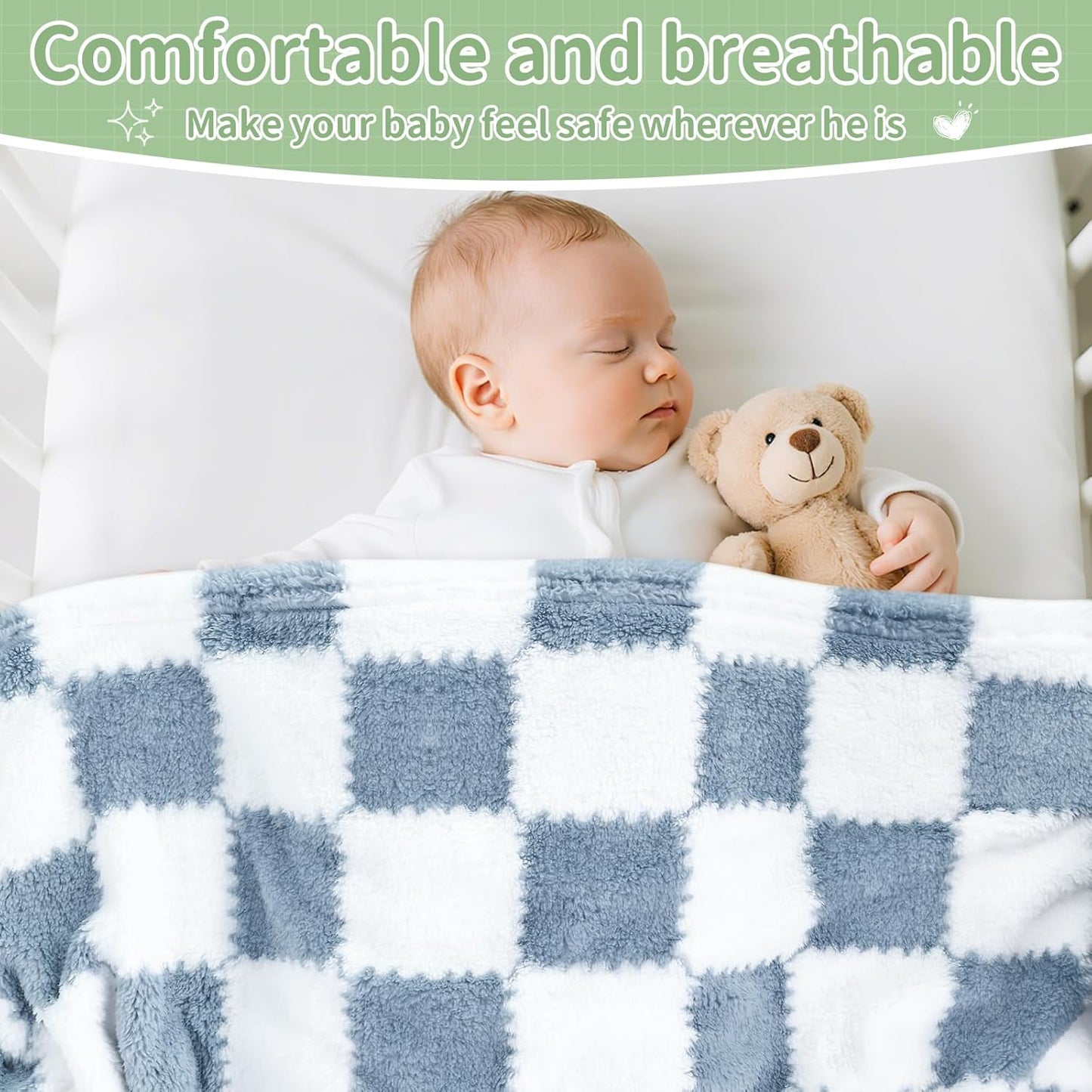 Skiennix Checkered Baby Blanket - Soft Fleece for Boys | 2-Pack, 28 x 40 Inches, Perfect Newborn Gift (Blue)