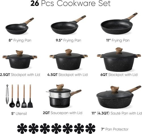 CAROTE 26-Piece Non-Stick Cookware Set | Induction-Compatible, PFOA-Free, Black Pots and Pans