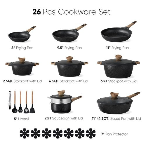 CAROTE 26PCS Pots and Pans Set Non Stick, Cookware Set Pots and Pans Induction Cook Ware, Nonstick Kitchen Cooking, PFOA Free, Black