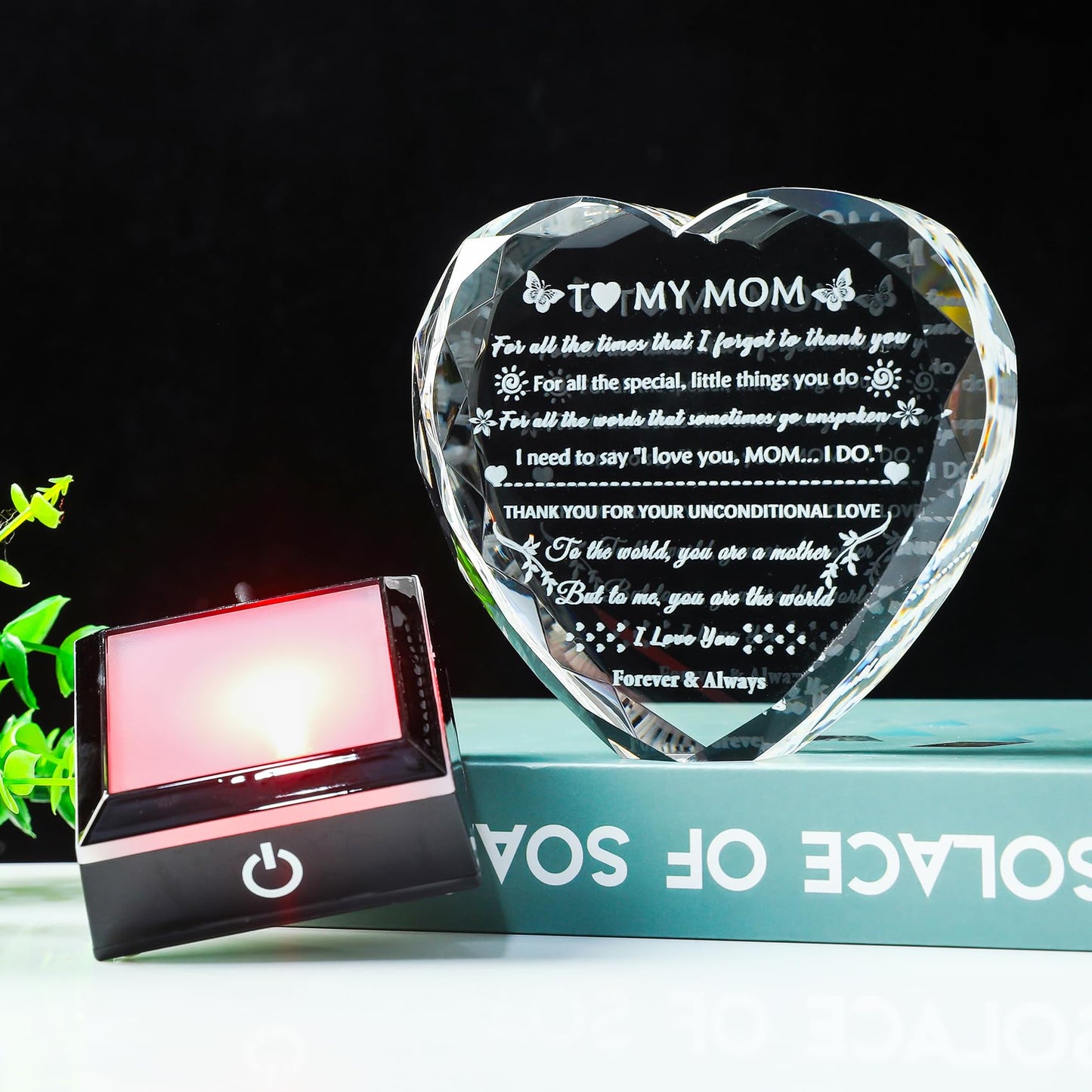 YWHL Gifts for Mom from Daughter Son, Birthday Gifts for Mom Who has Everything, To My Mom Gifts for Mother's Day Crystal Heart Keepsake with LED Base, Present for Mother on Christmas Valentine's Day
