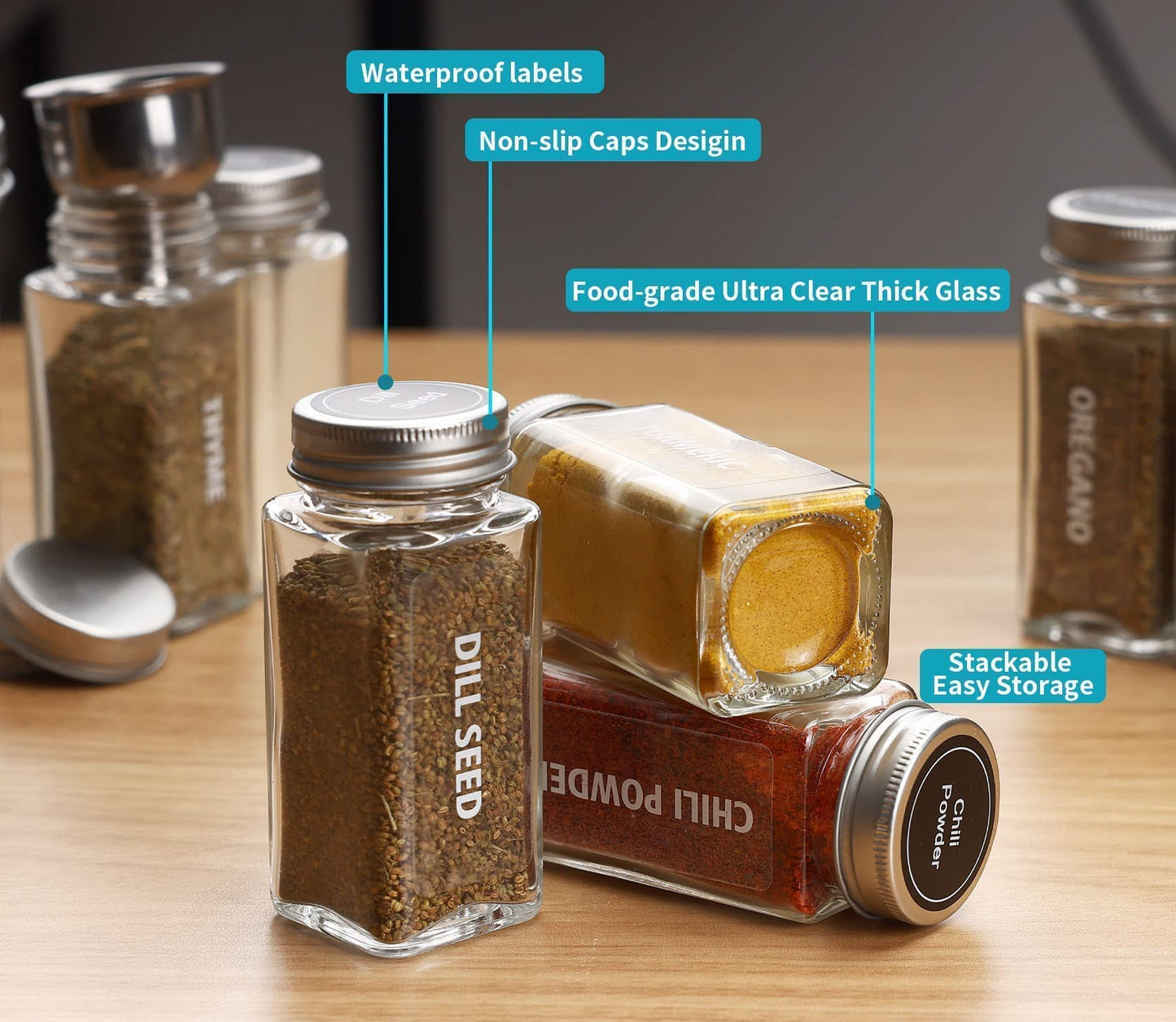 Antimbee 28 Pcs Clear Glass Spice Jars,3.5 oz Glass spice jar with 324 labels, Funnel,Chalk Pen,Shaker Lids and Airtight Metal Caps, Empty Square Spice Bottles for Spice Rack, Cabinet, Drawer