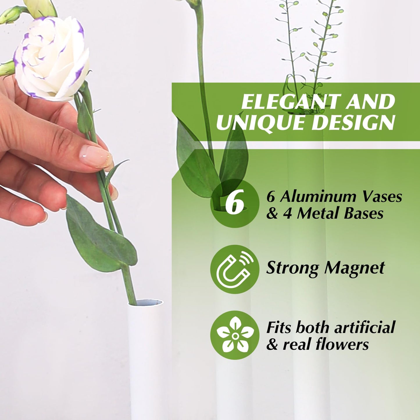 Morapin Cylindrical Set with Magnetic Base vase, Suitable for Fresh and Dried Flower Branches or Artificial Flowers, Desktop Center Decoration, Modern Style - White (6-Piece Stainless Steel vase Set)