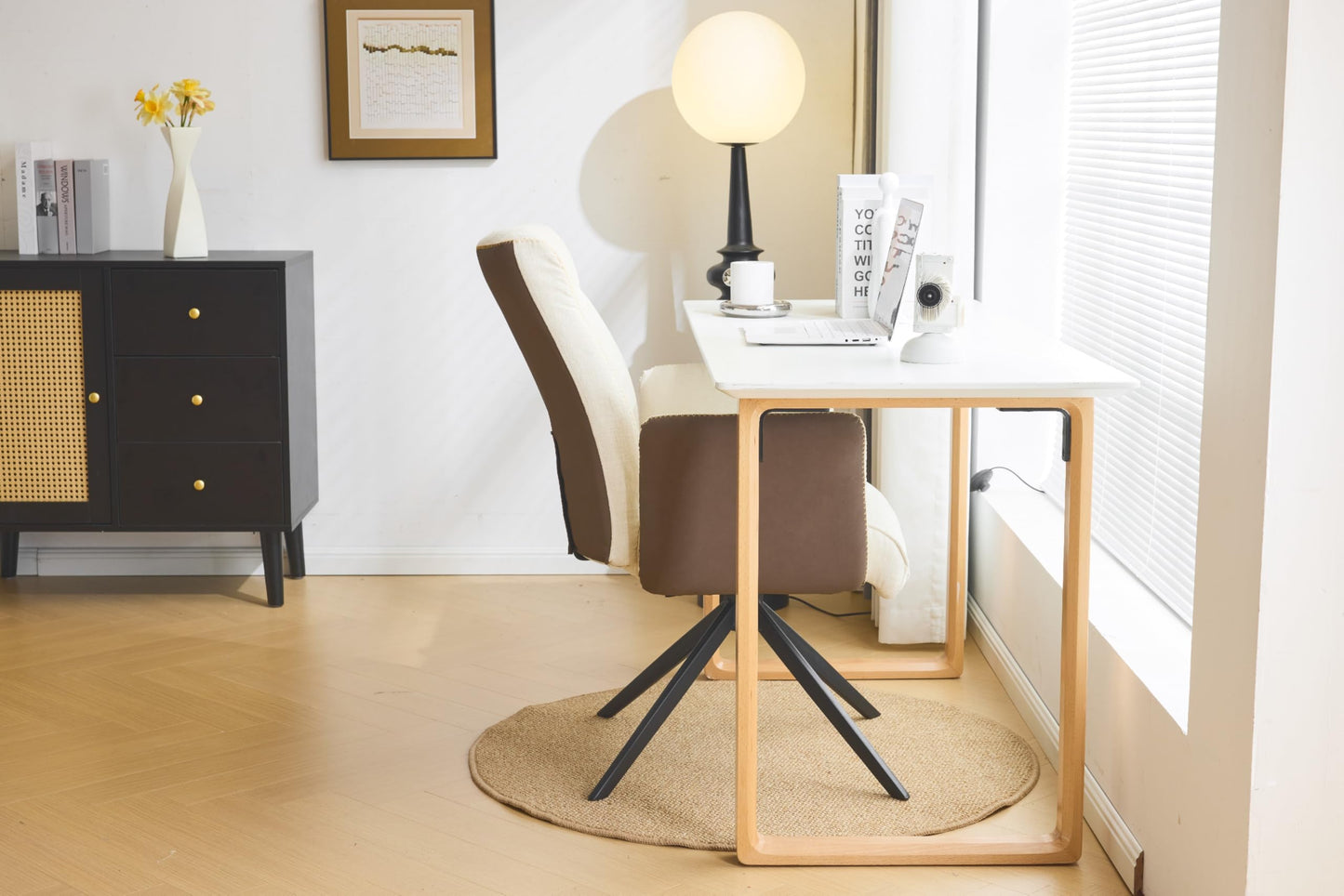 VINGLI Beige Chenille Office Desk Chair No Wheels,Comfy Modern Swivel Padded Arm Chair with Back&Lumbar Pillow,for Home,Makeup Vanity,Computer,Task,Nail Tech,Sewing,Dining,Bedroom,Living Room