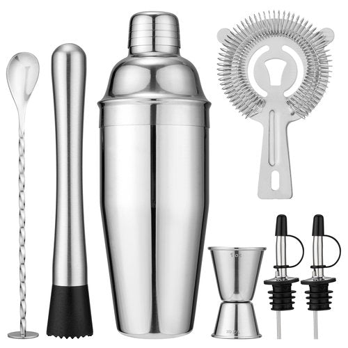 7-Piece Cocktail Shaker Set, 24oz Shaker Strainer Muddler Jigger Mixing Spoon Pourers, Bartender Kit, Bar Accessories, Stainless Steel Bar Set