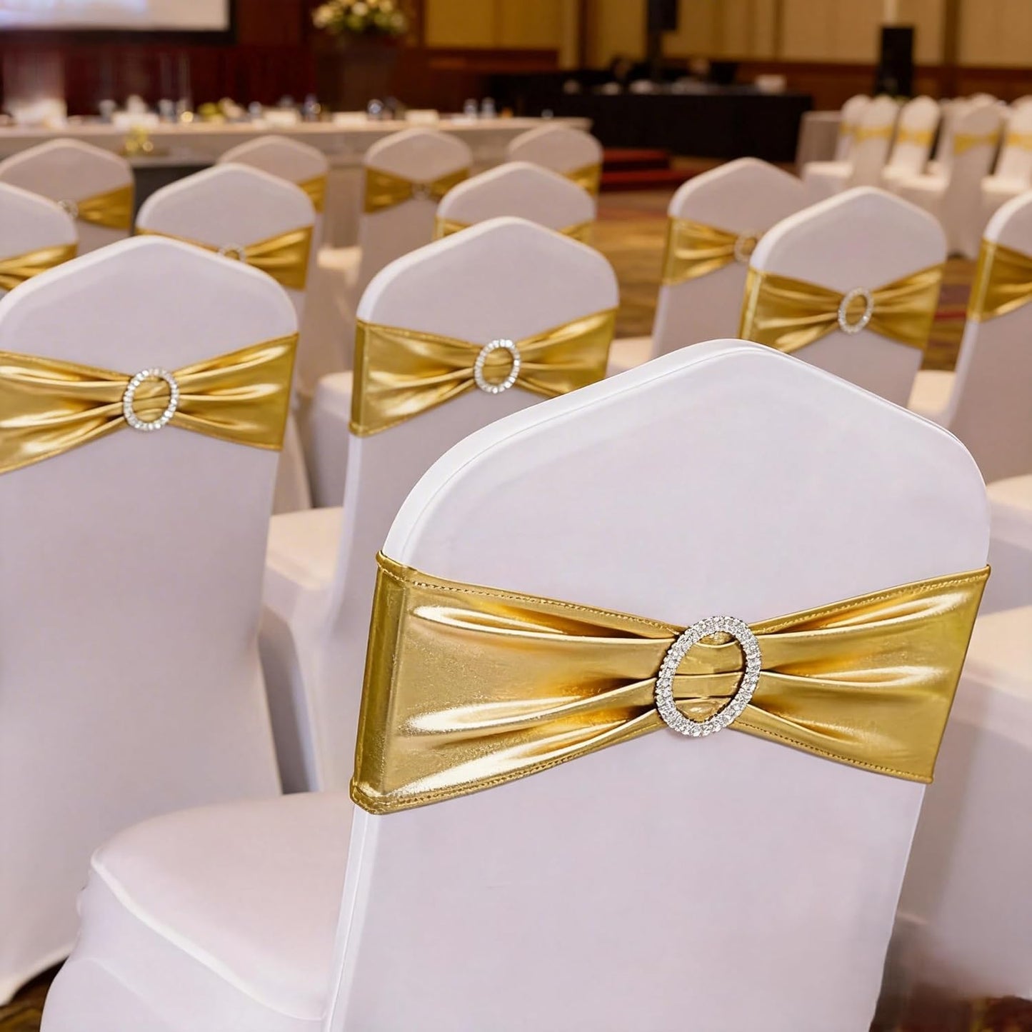 Spandex Bronzing Gold Chair Sashes by [Brand Name] - Pack of 50 Elegant Chair Bows for Weddings & Events