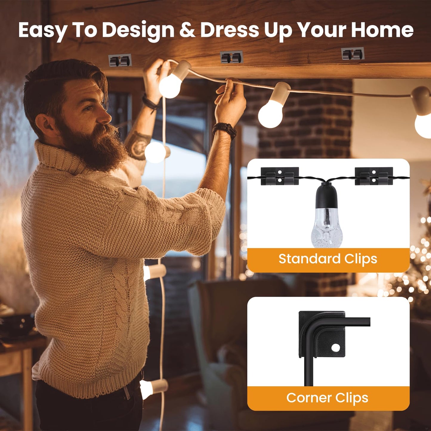 VEXON Hooks for Outdoor String Lights Kit - 35Pcs Heavy Duty String Light Clips with Waterproof Adhesive Strips, Patio Outdoor Light Hooks, Black Cord Organizer, Christmas Light Clips Outdoor