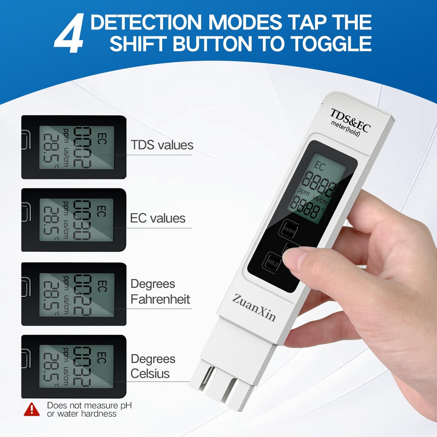 ZuanXin TDS Meter, 4 in 1 Water Quality Meter, Accurate and Reliable Digital TDS EC & Temp(°C,°F) TDS Meter 0-9990PPM Water PPM Tester for Drinking Water RO/DI System Aquarium (White)
