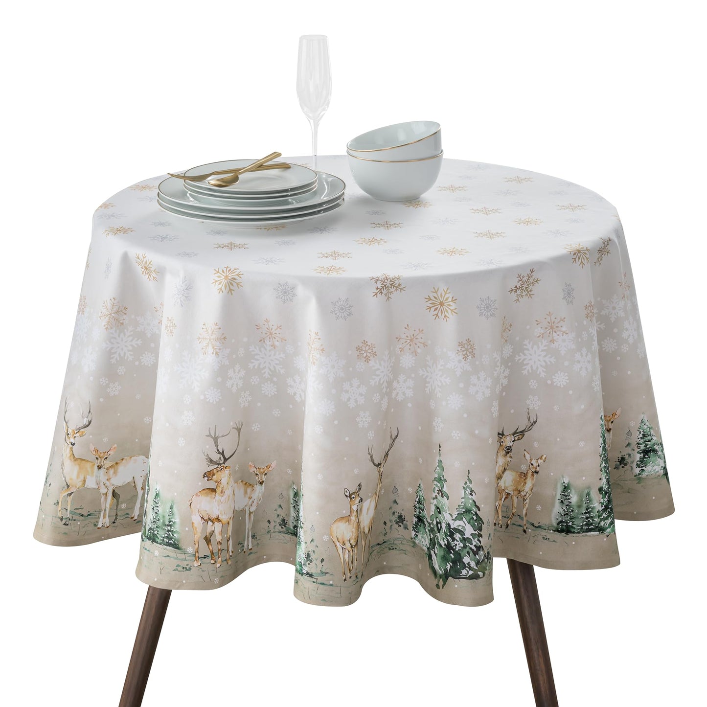 Maison d' Hermine Table Cloth Round Table 100% Cotton 63 Inches Fall Tablecloth Reusable Everyday Use for Thanksgiving Christmas Decorations Dining Farmhouse Party (Deer in The Woods)