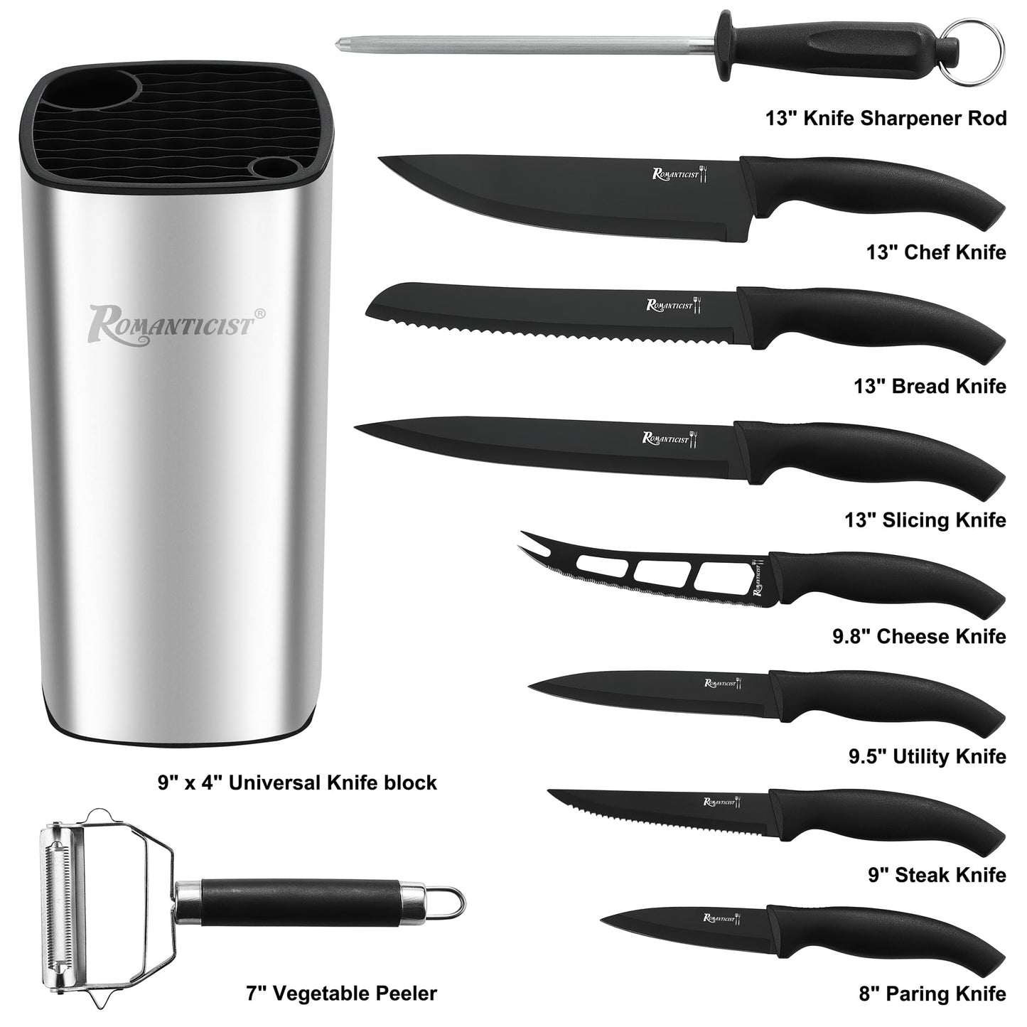 ROMANTICIST Kitchen Knife Sets, 10PCS High Carbon Stainless Steel Knife Sets with Block, Black Knife Block Set, Knives Set for Kitchen with Anti-slip Handle, Exquisite Knives Set New Home Essentials