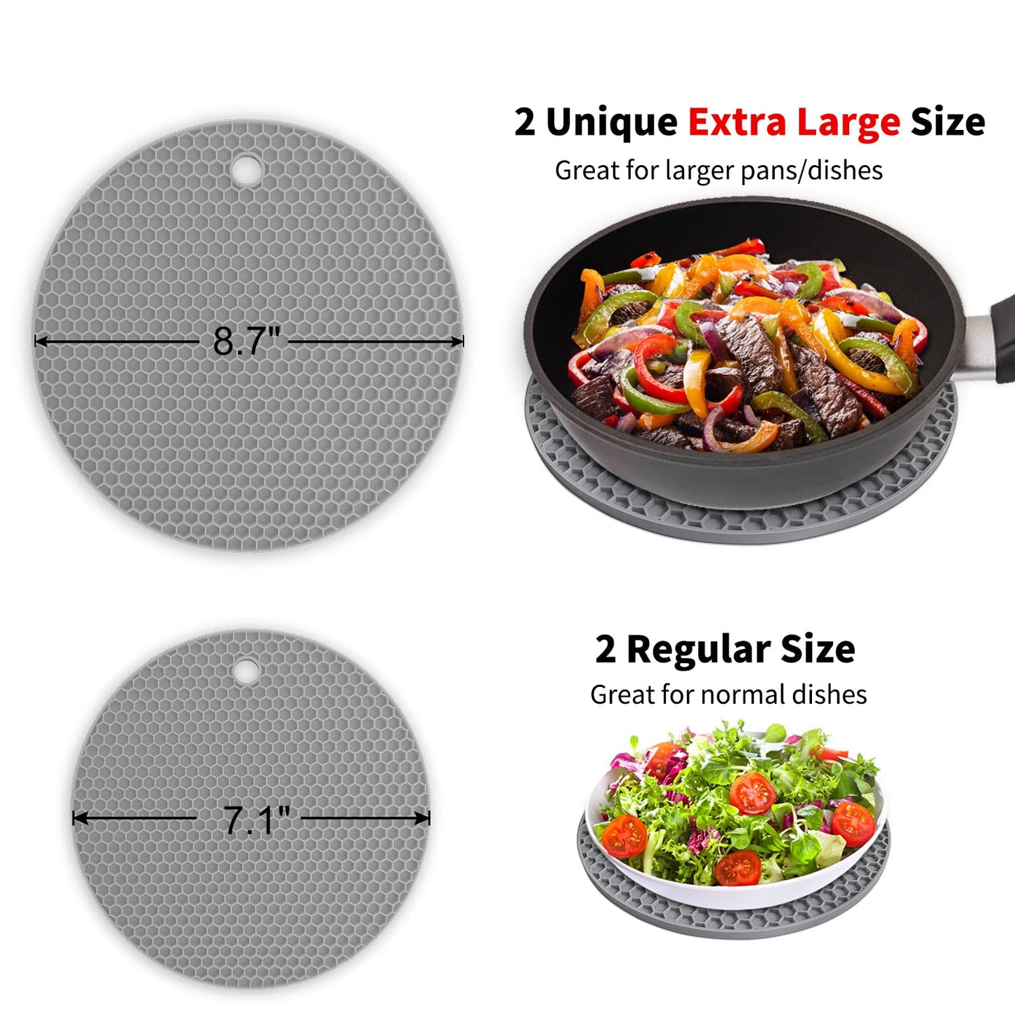 Silicone Trivet Mats - Walfos Heat Resistant Pot Holders Set, 4pcs 2 Sizes 7 Inch & 9 Inch, Multipurpose Non-Slip Hot Pads for Hot Pot, Hot Dishers, Jar Opener, Food Grade & BPA Free (Nordic Grey)