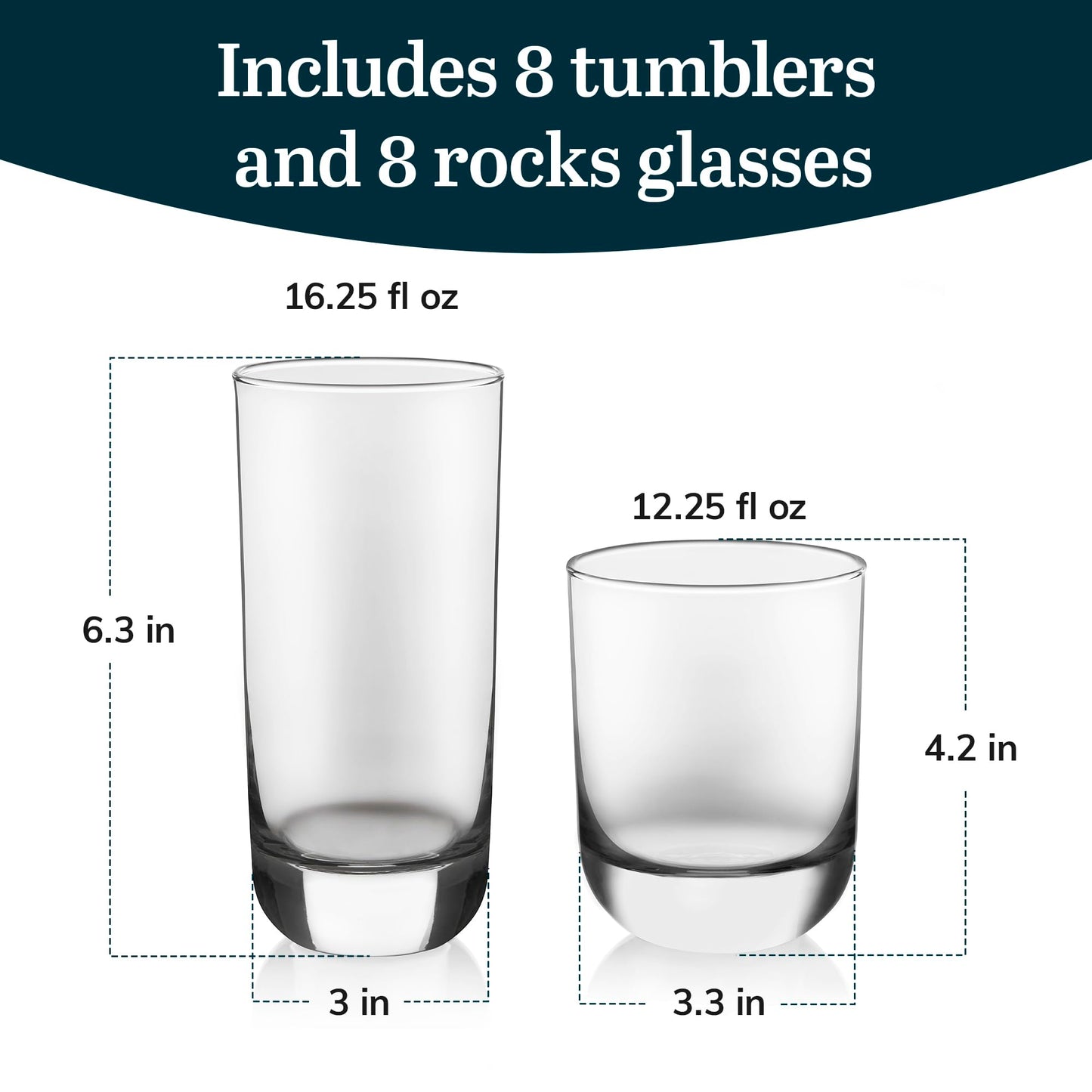 Libbey Drinking Glasses Polaris Tumbler and Rocks Set of 16, Clear, Sturdy Drinkware Glasses Set, Kitchen Glassware for Cocktails, Soda, and More
