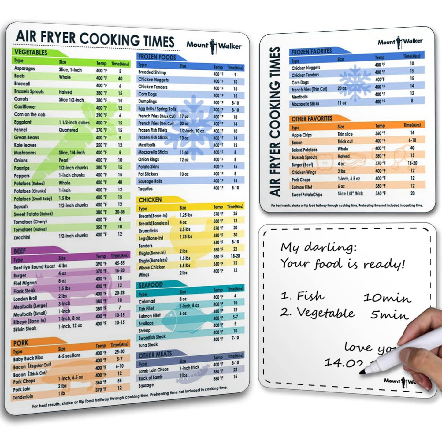 Air Fryer Magnetic Cheat Sheet Set - 100+ Food Cooking Times Chart with Large Clear Font - Air Fryer Accessories Magnetic Sheet for Ninja, Cosori, Instant Vortex - Waterproof & Durable (3-Piece)